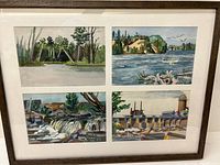 Framed group photo of all four paintings together behind glass, showing the overall lot presentation and condition