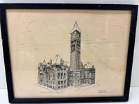 Framed ink architectural drawing showing full view of Old City Hall with clock tower, signed by artist.