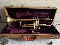 Brass trumpet placed inside a velvet-lined brown hard case, accompanied by a metal mouthpiece and a brown handle on the case.