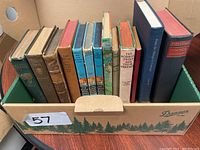 Photo showing a set of 13 vintage hardcover books in a box, titles include Hardy Boys series, Bobbsey Twins, Tom Sawyer, Doctor Sherlock Holmes among others.