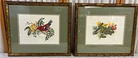 Image showing both framed bird prints side by side with bamboo-style wood frames and green double mats.