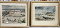 Pair of two framed watercolor prints showing coastal scenes with birds, displayed side-by-side for full view.