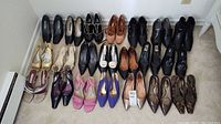 Photo of 25 pairs of women's shoes arranged on carpeted floor in several rows showing various styles and colors such as black, beige, brown, purple.