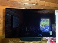 Front view of the 55-inch OLED TV on its stand in a wood-paneled room
