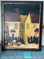 Full view of the unsigned framed painting showing three adjacent houses with dark roof lines, the foreground shrubbery, and the frame.