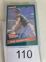 Front of the 1986 Jose Canseco Donruss rookie baseball card inside protective case