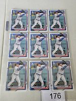 Photo shows nine 2024 Bowman baseball cards all featuring Shohei Ohtani in Los Angeles Dodgers uniform in batting stance. Cards have a reflective finish and Bowman logo.