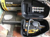 Photo shows Poulan Pro chainsaw inside black carrying case, 18 inch bar visible, model PP4218A on packaging in background.