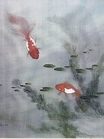 Close-up of watercolor artwork showing two red and white koi fish among lily pads and underwater plants.