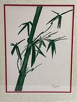 Close-up of the single-color painting featuring green bamboo stalk and leaves on white background, signed 'Chrystal'.