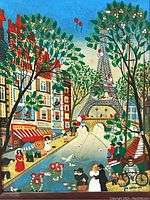 Close-up of the colorful print showing the Paris street scene with Eiffel Tower, people, café, trees, and canal with birds