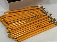 Multiple new, unused yellow promotional pencils with black stamped text showing the wording 'Mountain Copper Sulphate, Copper Carbonate, Fertilizers'. Pencils have erasers and gold ferrules.
