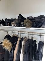 Coats hanging in closet with faux fur collars and mixed colors