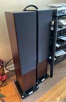 Two floorstanding walnut-finish speakers with fabric grille covers and Canare cable draped over top