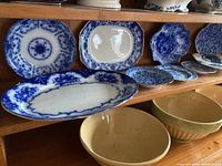 Shelf display of 9 blue transferware ceramic items including various oval and round plates and platters with white backgrounds and blue floral designs.