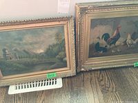 Two framed paintings side by side: left landscape, right poultry scene