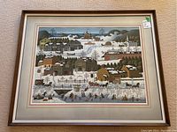Full view of framed Charles Wysocki winter village art print titled Hickory Haven Canal