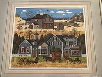 Full view of the framed limited edition art print showing the entire scene of Page's Bake Shoppe with horse-drawn carriages and buildings.