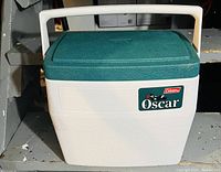 Front facing photo of Coleman Oscar cooler with green textured lid, white body, white handle, and logo decal on front.