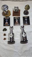 Full view of the NHL hockey trophy lot including three mini trophies, three collectible cards, two mini Stanley Cup trophies, and three team pins on a white background.