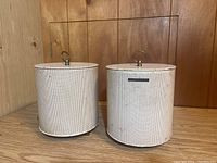Pair of white cylindrical Electrohome speakers with mesh grilles and loop handles on top, placed on wood surface