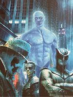 Close-up of Watchmen poster artwork showing key characters Dr. Manhattan, Rorschach, Nite Owl, Silk Spectre, and Ozymandias in a rainy city setting.