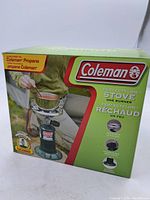 Closed original box showing Coleman branding, product image, and fuel recommendation for propane.