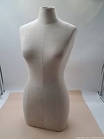 Front view of vintage fabric-covered dress mannequin torso on plain background.