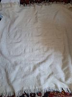 Full view of off-white wool blanket showing textured square pattern and fringed edges spread over a carpet.