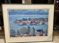 Framed print full view showing coastal terrace scene, cream mat and green metal frame