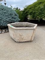 Photo of hexagonal cement planter showing one side with floral design, weathered surface and crack.