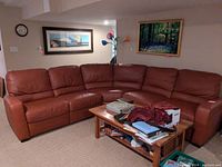 Full view of L-shaped sectional sofa in basement living area