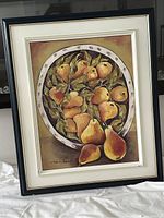 Frontal view of the framed acrylic painting featuring pears in a bowl, signed by Nadine Goulet at the bottom left.