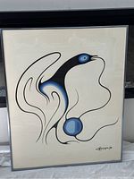 Full view of framed acrylic on paper artwork featuring abstract bird design in blue and black tones.