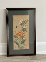 Full frontal view of the framed Chinese original painting on silk featuring floral motifs and a blue butterfly, showing green matting and wooden frame.