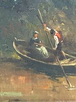 Close-up of two figures in boat on river
