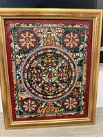 Frontal view of the framed Buddha Mandala Thangka with detailed colors and patterns visible.