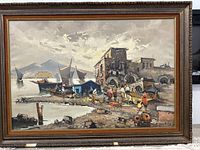 Frontal photo of the oil painting in original wooden frame showing the full artwork and frame condition