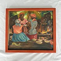 Full front view of the oil painting in wooden frame showing the scene of three women cooking at an outdoor fire.