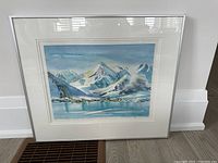Front view of framed watercolour painting depicting a glacier landscape