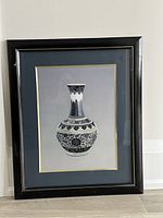 Full view of framed embroidery artwork of blue and white Chinese porcelain vase, showing entire surface and wooden frame.