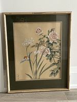 Full view of the framed vintage Chinese painting on silk, showing flowers and bird with bamboo-style wooden frame.