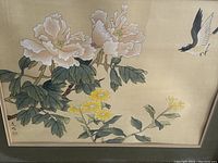 Close-up of the painting showing white peonies, yellow chrysanthemums, and a bird flying at the upper right.