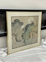 Full view of framed original Chinese watercolour painting showing lotus flowers and calligraphy on beige paper with golden aluminum frame.