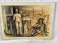 Full front view of the vintage multimedia abstract painting showing the human figures, colors, and metal frame.