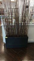 Full front view of tall black rectangular planter filled with thin brown decorative branches, placed on dark hardwood floor with store shelves in background.