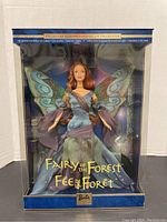 Front view of Fairy of the Forest Barbie doll inside original box with clear window and blue decorative border.
