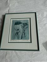 Front view of framed original signed art titled 'AP Meditation' by Irving Weinstein, showing the matting and thin green frame.