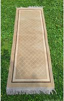 Top-down photo of small beige carpet runner laid on grass showing diamond pattern and fringed ends