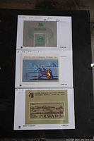 Photo of three Polish mini stamp sheets mounted on album pages, showing designs related to sports, exhibitions, and historical events.